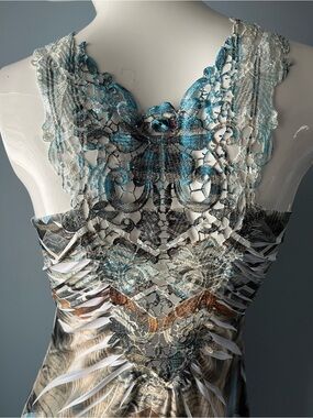 Panhandle Slim Blue Gold & Cream Lace Jewel V-Neck Western Mini Dress Size M